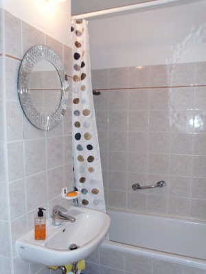 fully tiled bathroom with bath tub