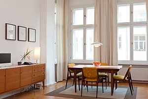 living room with dining table and sideboard