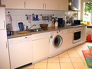 Voll ausgestattete Küche mit Waschmaschine, Geschirrspüler. 