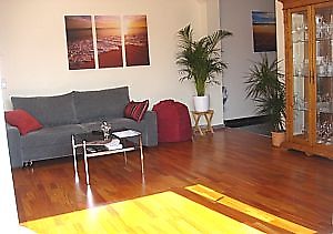 Wohnraum mit Echtholzparkett, Fußbodenheizung, 32" TV