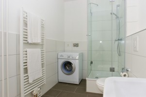modernes Duschbad mit Waschmaschine