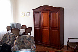 Wohnzimmer - das stillvoll eingerichtete Wohnzimmer hat einen Kleiderschrank, einen Bücherschrank eine Couch mit zwei Sesseln, Parkett, einen Esstisch mit 4 Stühlen, Kabelfernsehen und sonnige Südfenster.